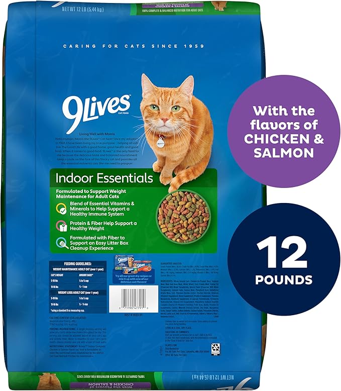 9Lives Indoor Essentials Dry Cat Food for Adult Cats with Chicken & Salmon Flavors, 12 lb. Bag