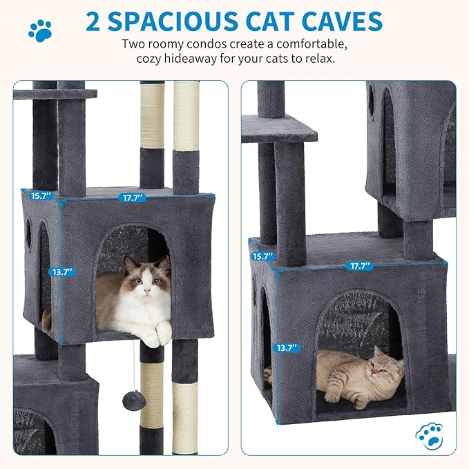 GarveeLife 61" Multi-Level Cat Tree for Indoor Cats, Heavy-Duty Tower for Large Adult & Maine Coon Cats with Oversized Perch, Dual Condos, Natural Sisal Scratching Posts & Play Toys – Dark Gray