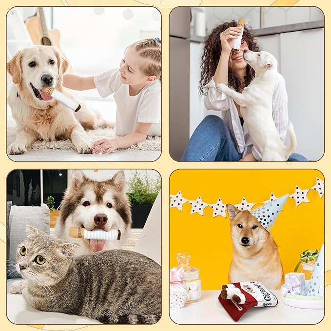 Funny Cigarettes Dog Toy - 4Pcs Interactive Dog Teething Toys Squeaky Cigar Pet Toy Indoor Bite Kick Plush Dog Cat Toys Supplies for Puppies Small Dogs Pet Present Cats Pet Lovers Gift