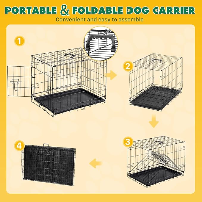 Dog Crate - 30 Inch Single Door Portable Puppy Dog Cage, Metal Wire Pet Kennel with Secure Lock, Leak-Proof Pan Tray, Foldable Design for Dogs Pets Indoor Training and Outdoor Trave
