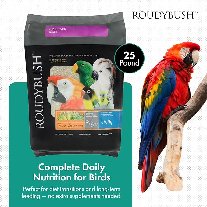 Roudybush Breeder Food for Overweight Breeding Birds - Scientifically Formulated Bird Feed - Bird Food Pellets w/ Corn, Wheat, Soy & More - Nutritious & Safe Feed for Birds (Crumble, 25lb)
