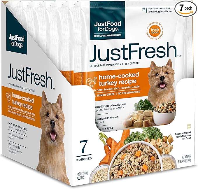 JustFoodForDogs JustFresh Wet Dog Food, Fresh Pet Meals and Toppers with No Preservatives, Resealable Package, Human Grade, Home-Cooked Turkey, 12 oz - 7 Pack