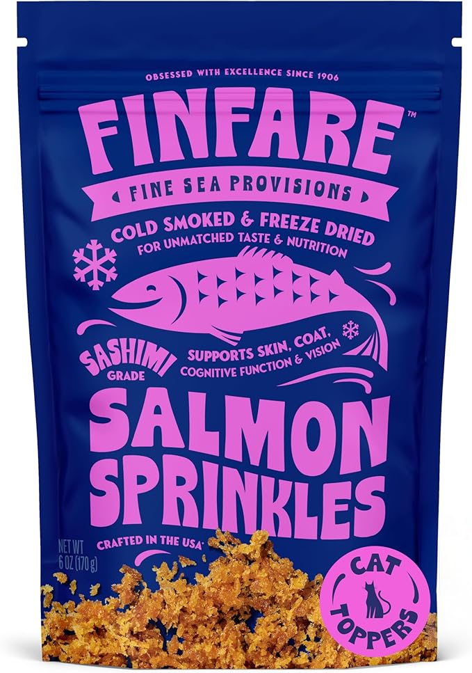 Finfare Freeze Dried Cat Food Toppers, Salmon Sprinkles, Grain Free Meal Toppers for Cats to Support Taste & Nutrition - High Protein & Omega-3s, Crafted in USA, 6oz