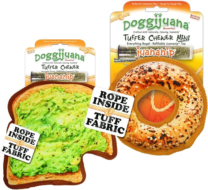 Doggijuana Cafe Combo Refillable Juananip Toy Bundle | Avocado Toast & Everything Bagel | Funny Dog Toy Plush with Catnip and Refill | Interactive Chew for Play