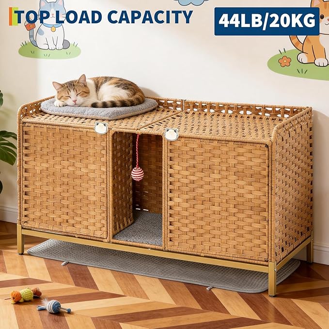 Cat Litter Box Enclosure Furniture, Handwoven Rattan Cat Houses, Hidden Cat Washroom Furniture with Door/Mat, Large Space Cat Houses with S-Shaped Hooks, Living Room, Bedroom, Natural