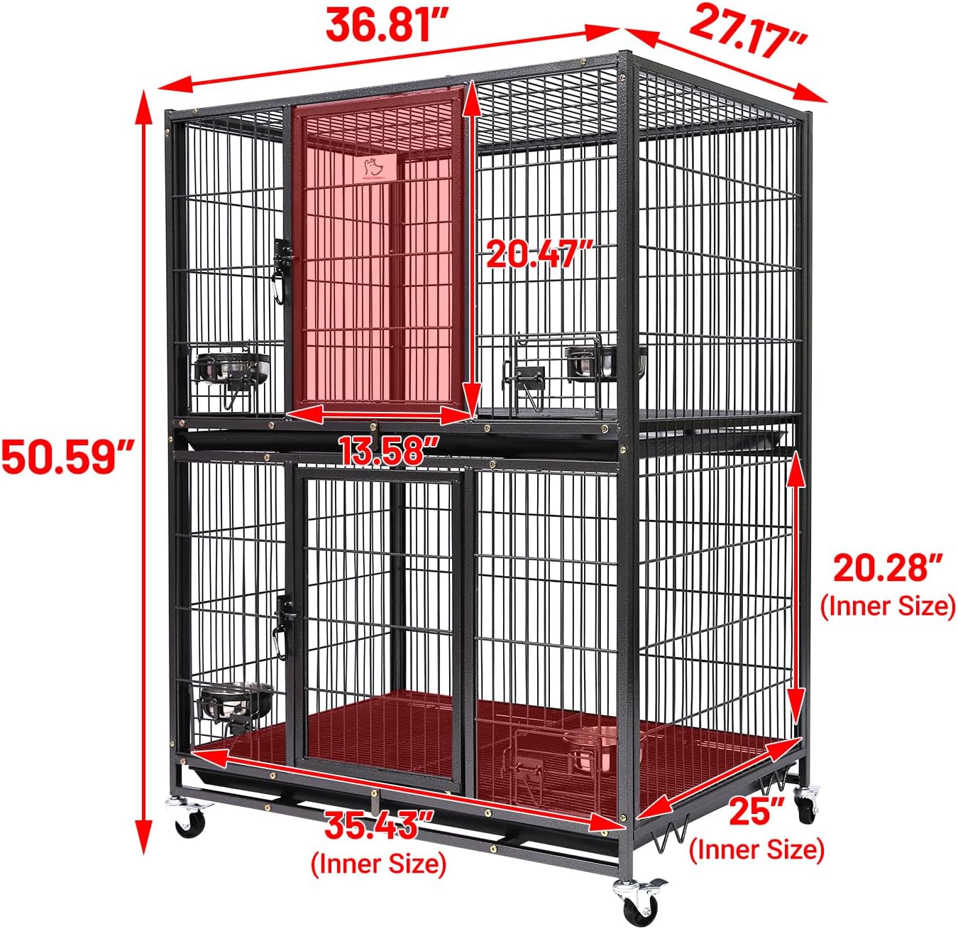 Homey Pet Two Tiers 37 Inch Dog Crate Cage Kennel with Feeding Door and Bowls, Lockable Wheels and Removable Tray, Escape Proof Metal Wire Heavy Duty Dog Crates for Medium/Small Sized Dogs (2 Pack)
