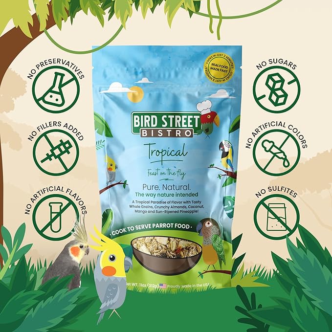 Bird Street Bistro Parrot Food - Parrot Food - Cooks in 3-15 min w/Natural Grains, Legumes, Non-GMO Fruits, Vegetables & Health-Oriented Spices.