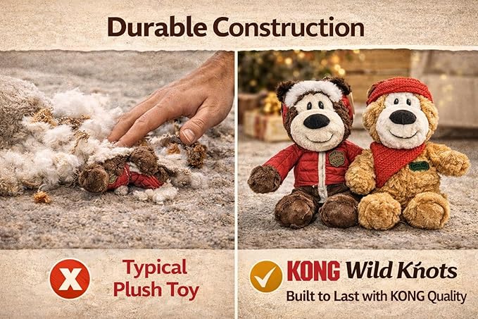Kong Dog Toys 2-Pack Wild Knots Bears - Durable Plush Squeaker Toys with Internal Rope, Minimal Stuffing, Gift Box for Medium Dogs