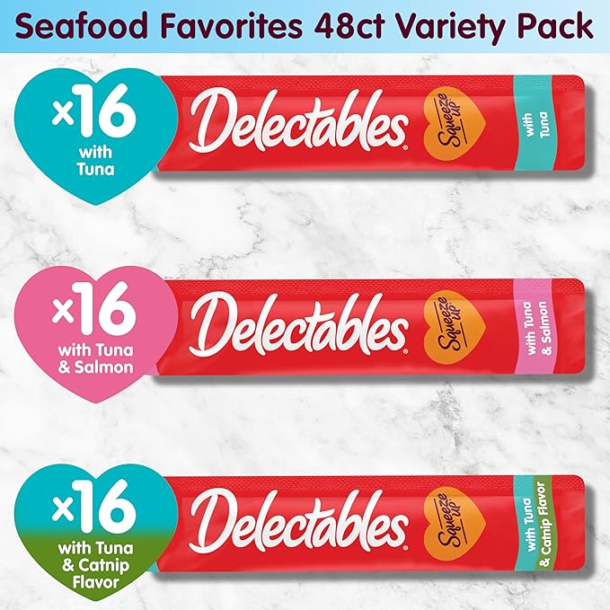 Delectables Squeeze Up Tuna with Salmon & Catnip Variety Pack, Creamy Squeezable Puree, Lickable Wet Cat Treats, Grain-Free, No Added Fillers, 0.5 Ounces Tube, 48 Tubes Total