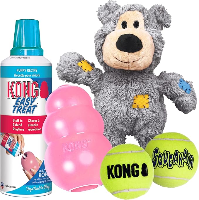 KONG Puppy Starter Dog Toy Kit - Interactive Play Kit with SqueakAir Balls, Easy Treat, Wild Knots Bear & KONG Toy - For Large Puppies - Pink