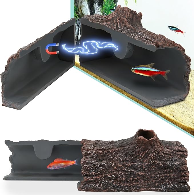 Upgraded Magnetic Detachable Aquarium Hideaway Hollow Tree Cave to Check Your Aquatic Pets to Breed, Play and Rest Safe and Non-Toxic Resin Fish Tank Viewing Hideout Ornaments