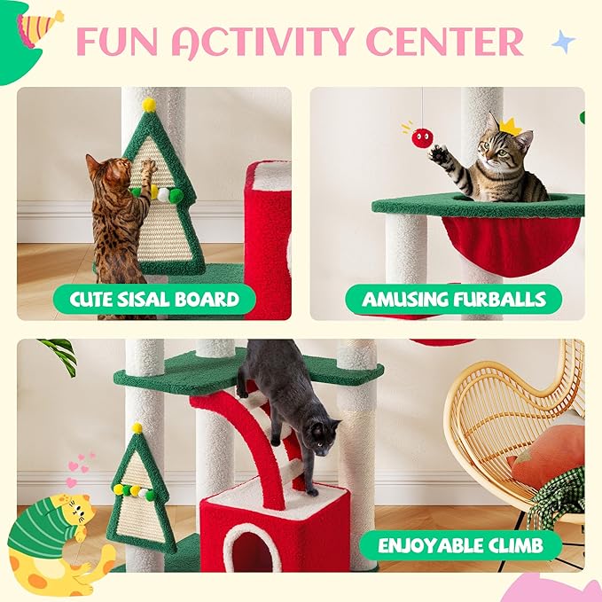 SHA CERLIN 67in Tall Cat Tree/Climbing Tower with Top Perch, Hammock, Sisal Scratching Posts/Cute Condo for Indoor Kitties/Pet Feline House/Activity Center/Christmas Decor/Green & Red