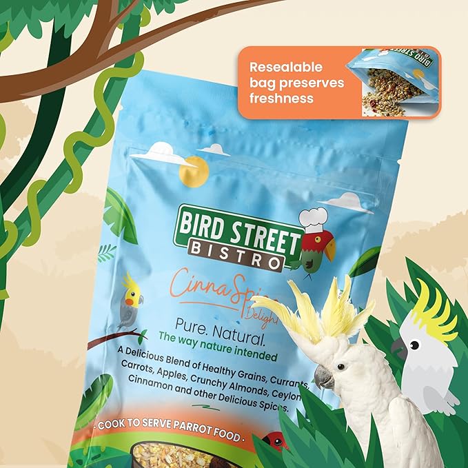 Bird Street Bistro Parrot Food for Parakeets & Cockatiels - CinnaSpice - 24 oz - Cooks in 3-15 min, Natural Grains, Fruits & Vegetables - USA Made