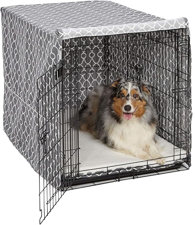 MidWest Homes for Pets Large Dog Crate Cover with Teflon Fabric Protector, Poly-Cotton Privacy Kennel Cover Fits Most 42-inch Crates, Gray Designer Print, Washable, Reduces Barking, CVR42T-GY