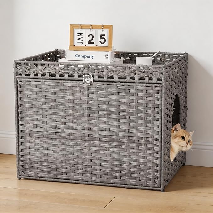 PeakPursuit Rattan Litter Box Enclosure Hidden Cat Furniture with Removable Litter Mat, Natural Cat House End Table, Easy Assembly, 27.5" l x 20.5" w x 22" h Grey
