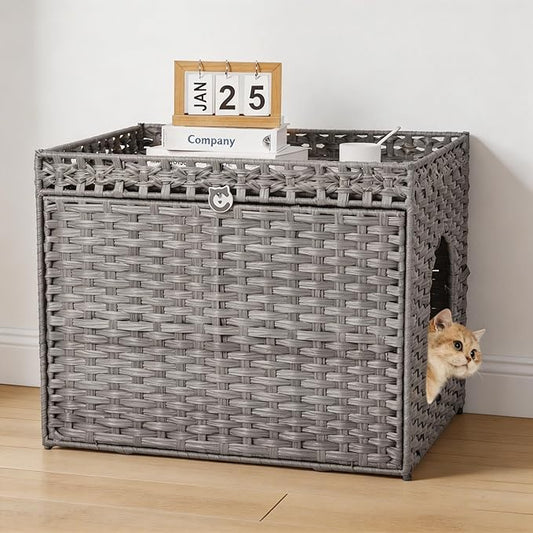PeakPursuit Rattan Litter Box Enclosure Hidden Cat Furniture with Removable Litter Mat, Natural Cat House End Table, Easy Assembly, 27.5" l x 20.5" w x 22" h Grey