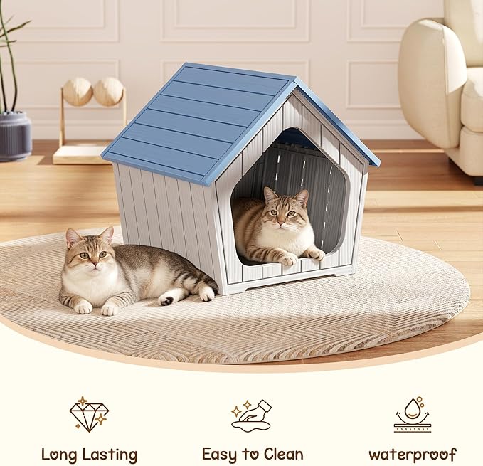 Multi-use Cat Litter Box Enclosure with Spacious Door, Plastic Hidden Litter Box & Cat Bed with Hidden Air Hole, Cabin-Style Cat House Suitable for Warm Outdoor and Indoor Use, Blue