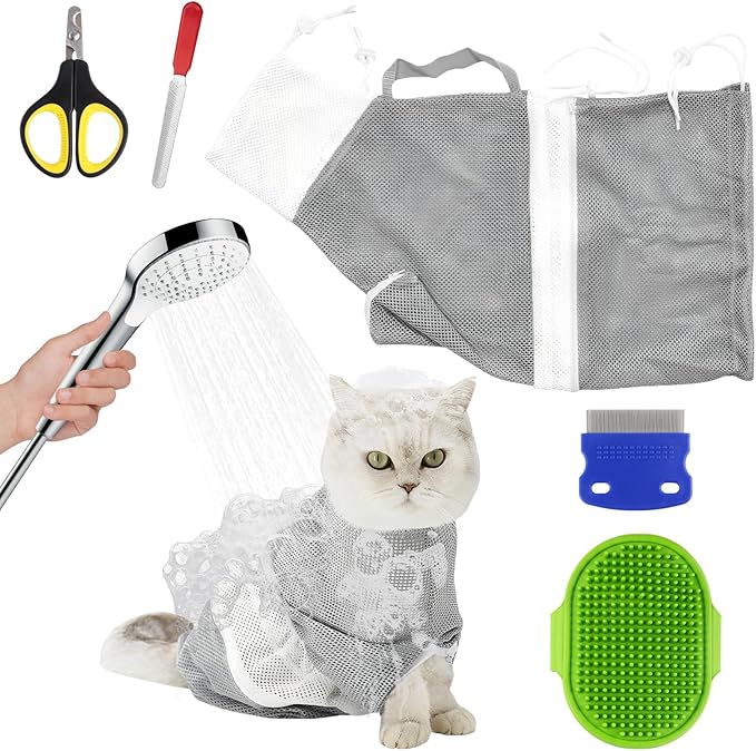 Cat Mesh Bathing Bag, Adjustable Cat Bath Bag with Nail Clipper, Bath Brush, Nail File & Comb, Anti-Scratch Shower Bag for Pet Grooming, Bathing & Restraint, Durable Washing Bag for Cats