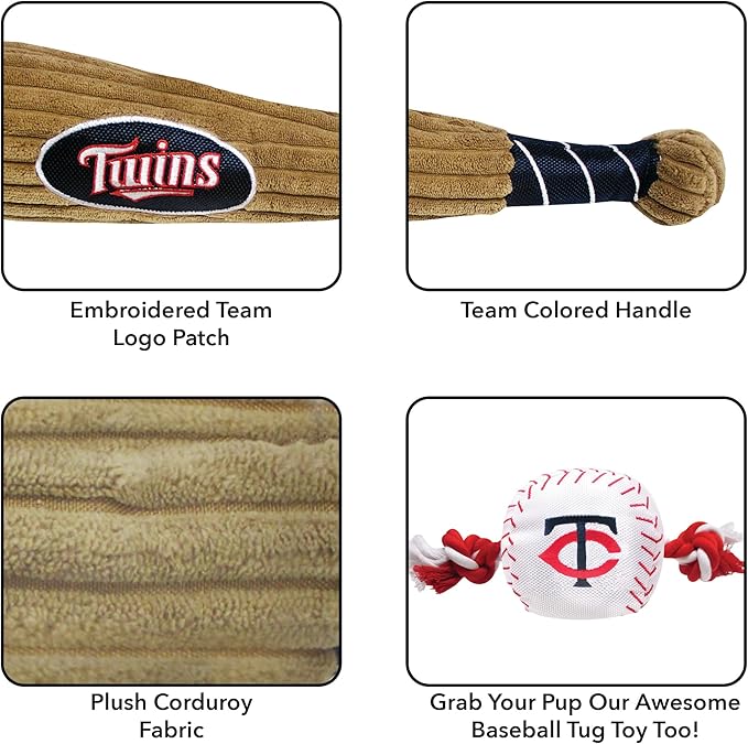 MLB Minnesota Twins Baseball Bat Toy for DOGS & CATS. Soft Corduroy Plush Dog Toy with Inner SQUEAKER, MLB Chew Toys for Dogs or Cats. Durable Fun Interactive Dog Toy with Team Names and Logo