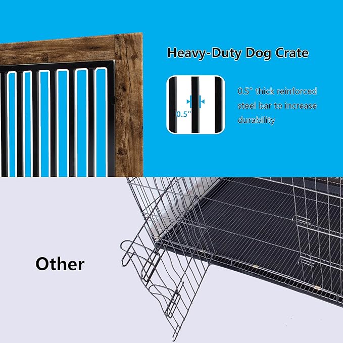 yookare Rustic Brown Heavy Duty Furniture Dog Crate, Wood and Metal Kennel Cage, Pet House End Table with Drawer and Pull-Out Design, Dog Home for Indoor use, Medium Size