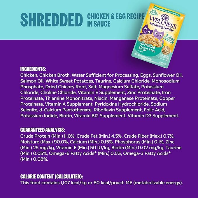 Wellness Appetizing Shredded Flaked Adult Wet Cat Food, Natural, Protein Rich, Grain Free, Chicken and Egg Recipe, 2.8 oz, Pack of 8 Pouches