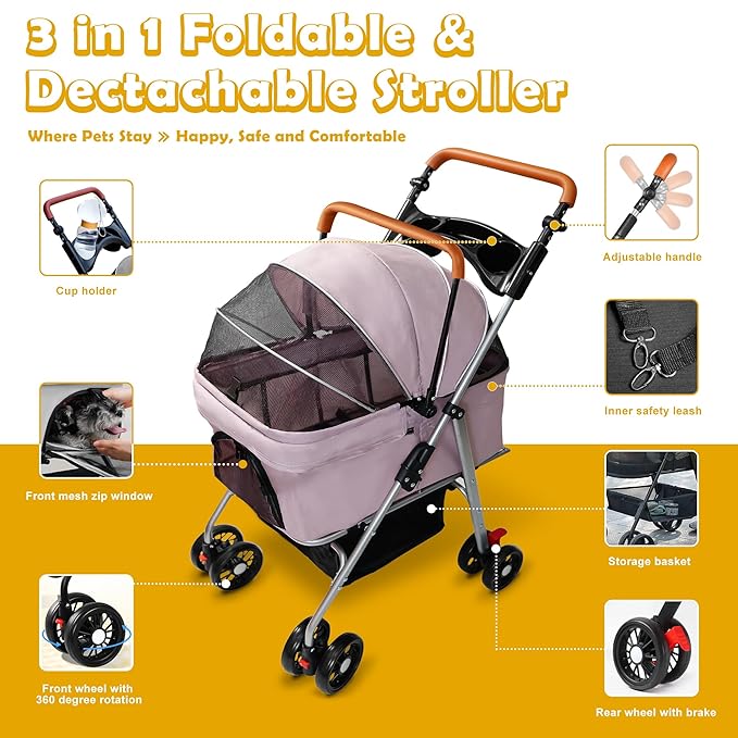 Pet Stroller with Storage Basket and Cup Holder, Folding Dog Jogger, Foldable Cat Stroller, 3 in 1 Puppy Kitten Cart, Pet Jogger for Medium Dog Cat (Pink)