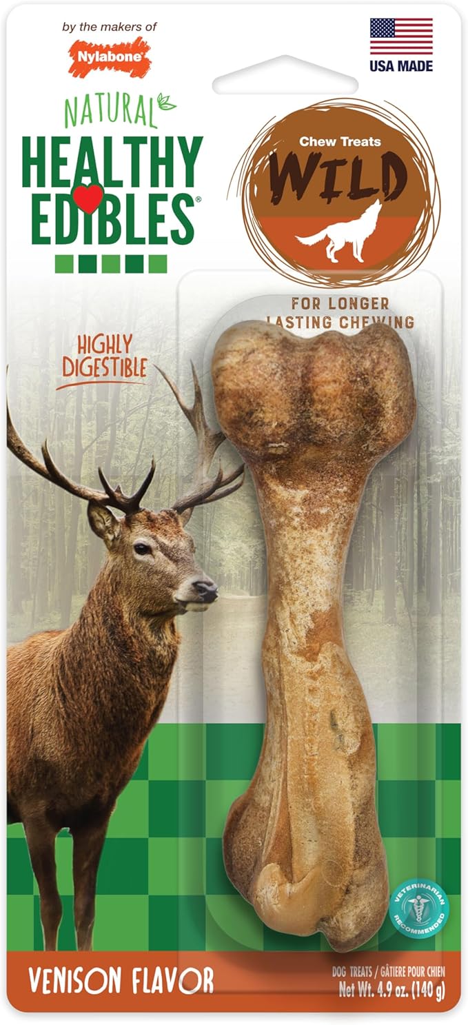 Nylabone Healthy Edibles WILD Natural Longer-Lasting Chew Treats, Venison Flavor, Large Dogs Up to 50 lbs - Made in USA (1 Count)