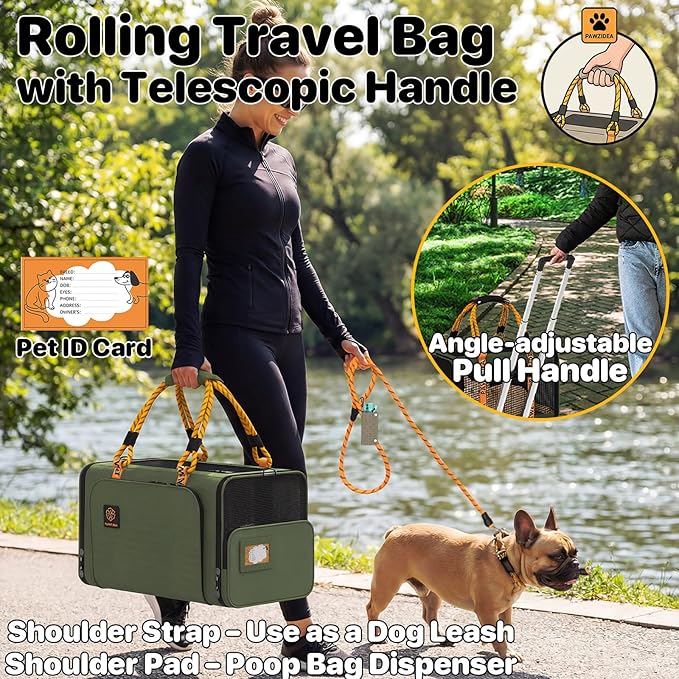 PAWZIDEA Expandable Pet Carrier with Wheels, 18"x11"x11" TSA Airline Approved Cat Carrier for 2 Cats Under Seat, Collapsible Soft-Sided Small Dog Rolling Travel Bag with Telescopic Handle, Up to 18lbs
