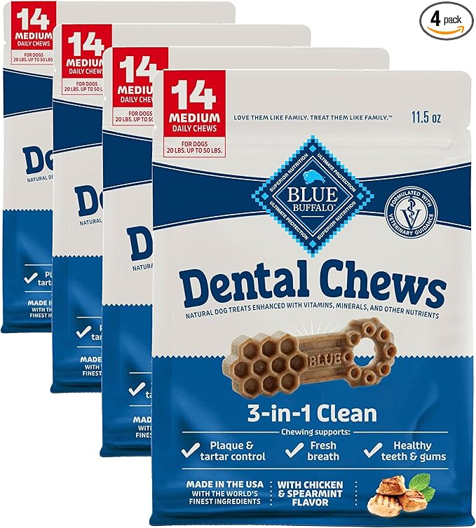 Blue Buffalo Medium Dental Chews for Dogs, Daily Dental Care Dog Treats Made in the USA with Natural Ingredients, Chicken & Spearmint (14 Count) (Pack of 4)