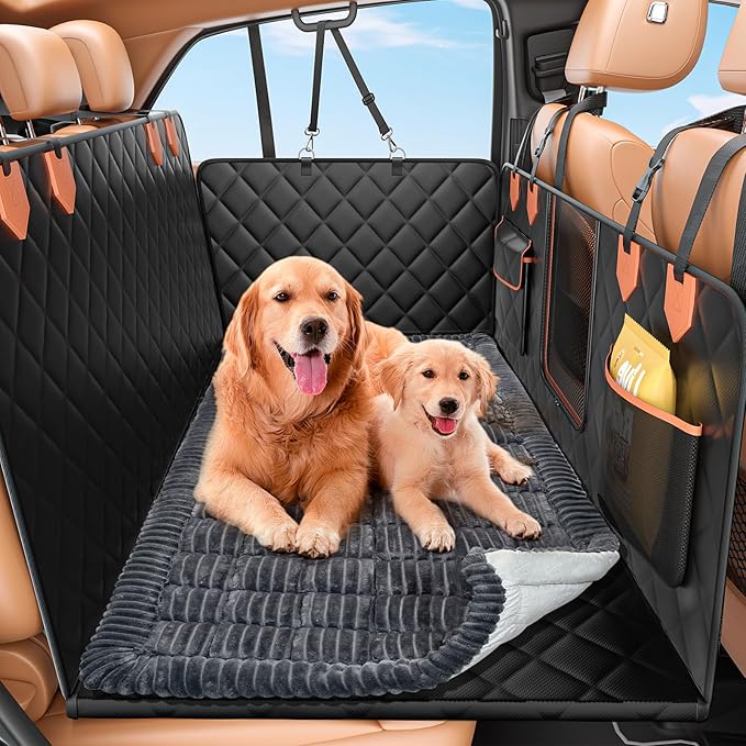 IJVAE Hard Bottom Car Seat Cover for Dog swith Removable Soft Blankets,Scratch-Proof and Anti-Slip Car Dog Hammock for Large Dogs Brown for Crew Cab Trucks F150