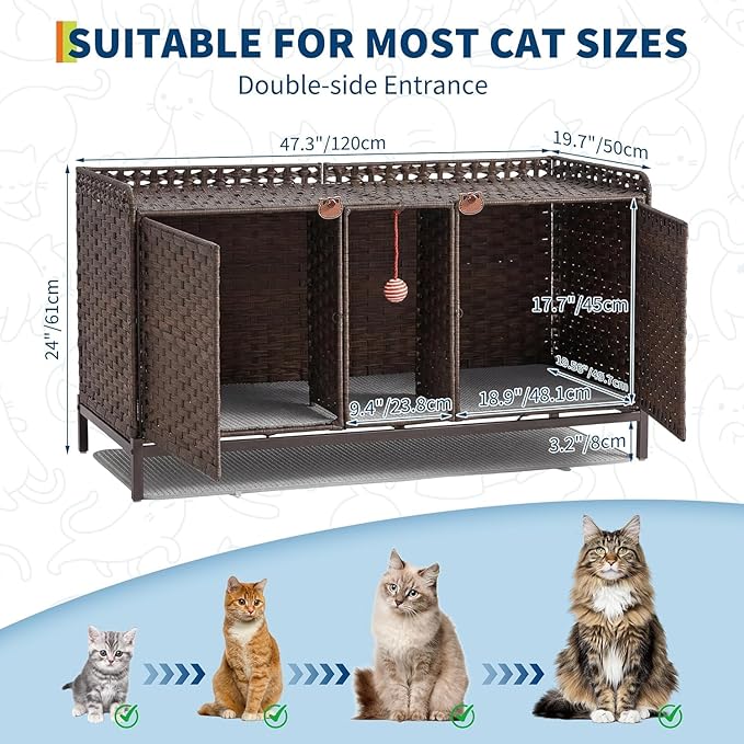 Garvee Cat Litter Box Enclosure Furniture, Handwoven Rattan Cat Houses, Hidden Cat Washroom Furniture with Door/Mat, Large Space Cat Houses with s-Shaped Hooks, Living Room, Bedroom, Brown
