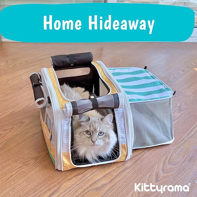 Kittyrama Soft-Sided Airline Approved Cat Carrier with Expandable Hideaway | Escape-Proof SBS Self-Locking Zippers | 22 lb Capacity | Vet Approved | Top & Side Entry | 17×11×11 in