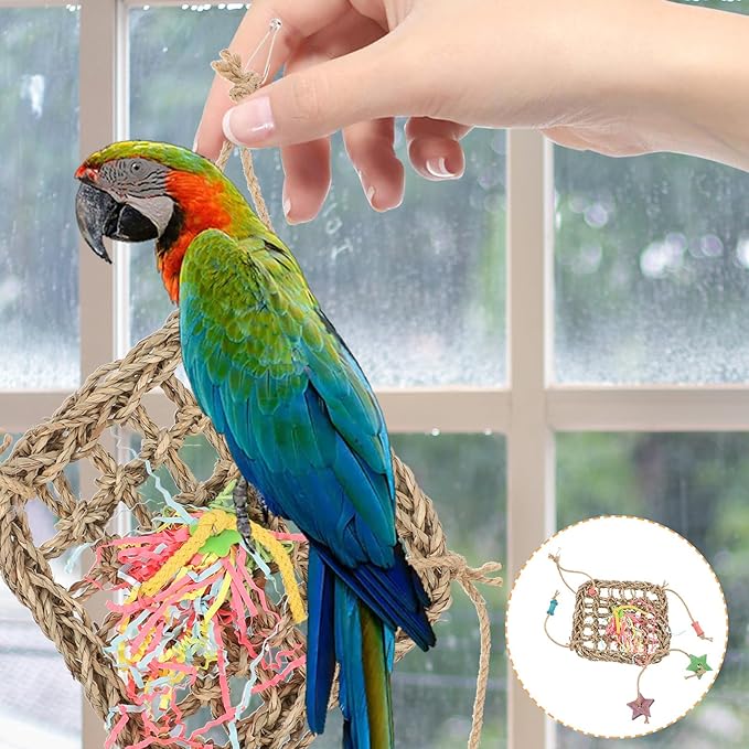 LIOOBO Woven Seagrass Bird Hanging Hammock for Parakeets Cockatiels Conures Chewing Foraging Plaything Cage Accessory Safe Wear-Resistant Material