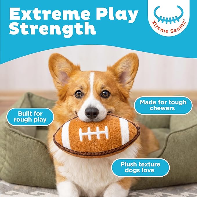 Outward Hound Xtreme Seamz Dog Toy, Reinforced Seams & Multiple Stitching, Durable Plush with Squeakers, Football, 7.1”