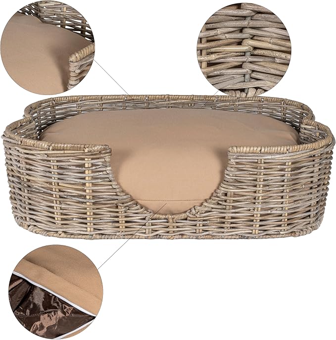 DBD1002A Scallop 27" x 18.25" Tropical Handwoven Rattan Dog Bed with Machine Washable Cushion, Kubu Gray