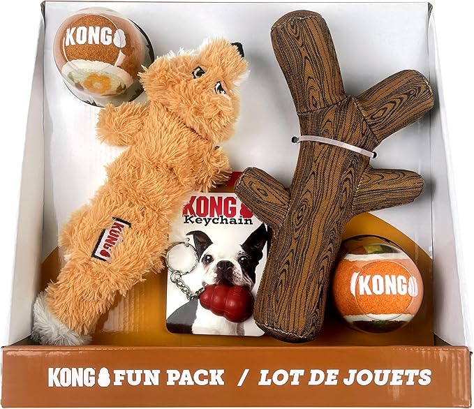KONG Fun Pack – Fall Dog Toy Gift Set with FetchStix, Sport Balls, Scrunch Knots Fox, Tug & Fetch Toys, Bonus Keychain – Safe Fetch, Tug, and Light Chew for Dogs