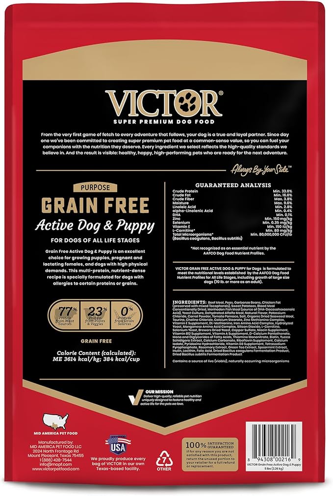 VICTOR Super Premium Dog Food – High Protein Grain Free Active Dog & Puppy Kibble – Dry Food with 33% Protein, Gluten-Free - Premium Beef, Pork, Fish Meals for High Energy Dogs, 5lbs