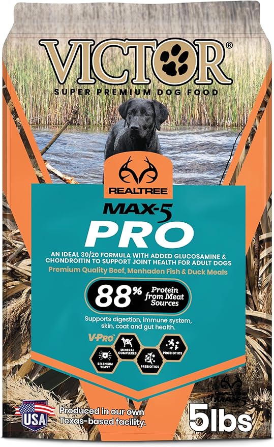 VICTOR Super Premium Dog Food – Realtree MAX-5 PRO High Protein Dry Kibble – Promotes Joint Health with Glucosamine – 30% Protein, Gluten Free for Active & Sporting Adult Dogs, 5lb