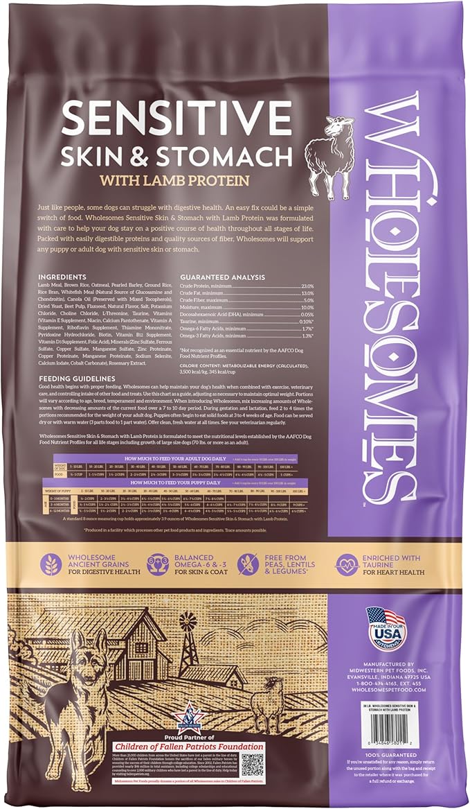 Wholesomes Sensitive Skin & Stomach Dry Dog Food, Lamb Protein & Rice Recipe, Highly Digestible Ancient Grains, 30 lb Bag