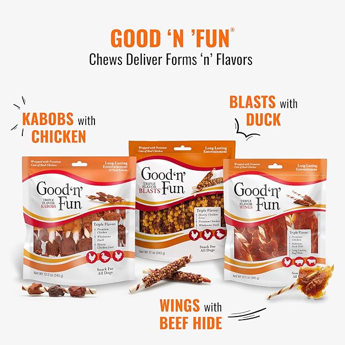 GOOD 'N' FUN Triple Flavor Colossal Kabobs Chews for Dogs, 3 Count, Treat Your Extra-Large Dog to Chews Made with Beef Hide, Chicken Liver, Chicken, Duck, Beef and Pork Flavor