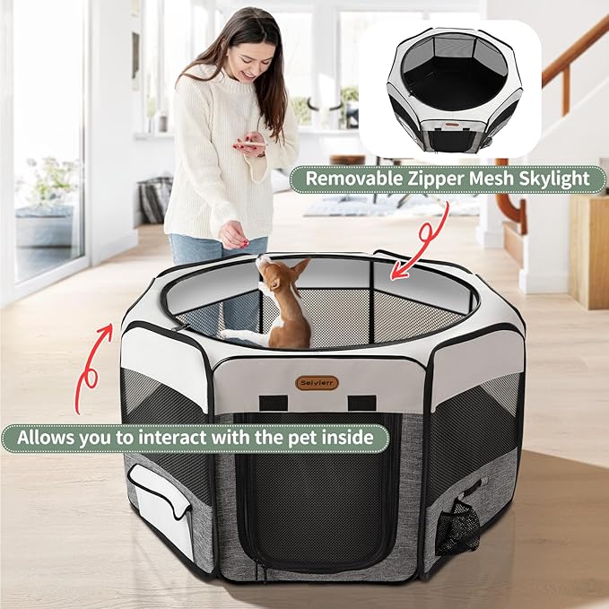 Seiyierr Dog Playpen, Portable Pet Playpen, Puppy Playpen, Cat Playpen with Carrying Case, Dog Playpen for Small Dogs Indoor/ Outdoor, Removable Mesh Shade Cover