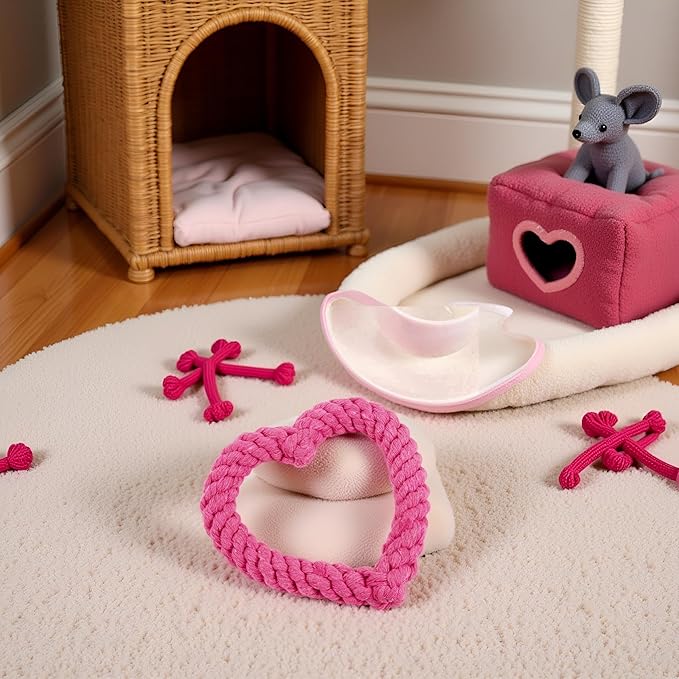 Pink Cute Dog/Cat Chew Toys, Dog Toys for Chewers, Heavy Duty Dental Dog Rope Toy for Dogs, Creative Love Heart Shaped Interactive Rope Dog Toys, Cotton Puppy Teething Chew Tug Toy Dark Pet Supplies