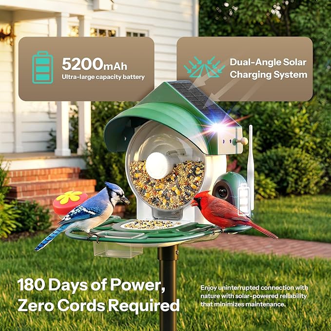 Smart Bird Feeder with Camera - 2K HD Smart Bird Feeder, Solar Powered Outdoor Birdhouse with AI Bird Identification for Backyard Birding & Wildlife Bird Watching, Gift for BirdLover (Green)