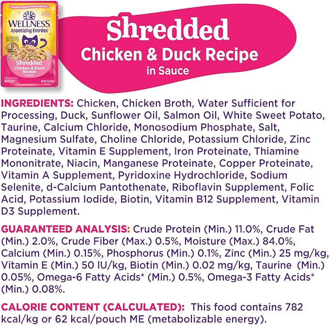 Wellness Appetizing Entrées Shredded Adult Wet Cat Food, Natural, Protein Rich, Grain Free, Chicken and Duck Recipe, 1.4 oz, Pack of 8 Pouches