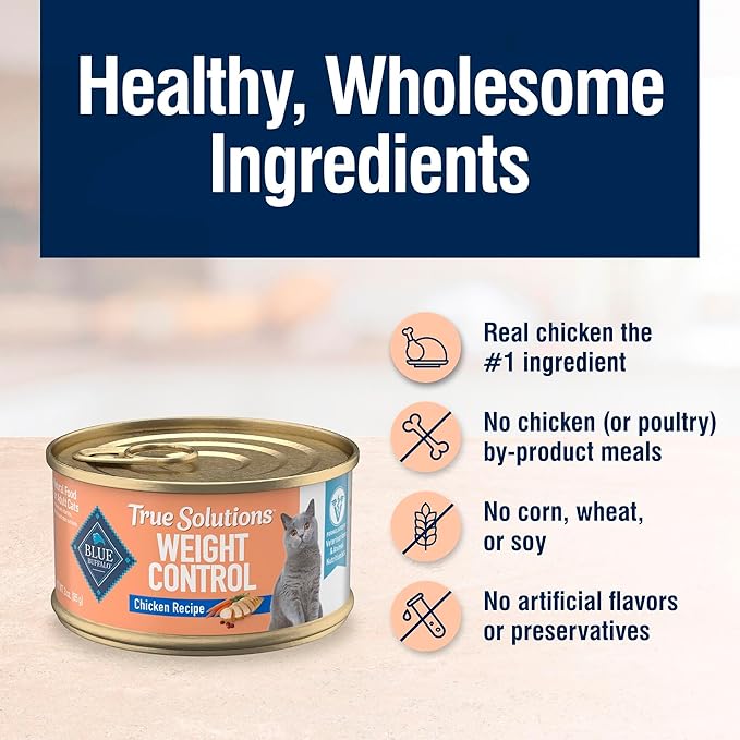Blue Buffalo True Solutions Weight Control Wet Cat Food for Adult Cats, Made with Natural Ingredients, Chicken, 3-oz. Cans (24 Count)