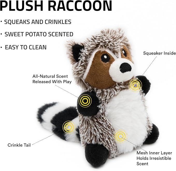 Playology Dog Toys | Plush Racoon Stuffed Animal for Dogs | Sweet Potato Scented Small Squeaky Toy | Plush Chew Toy for Dogs