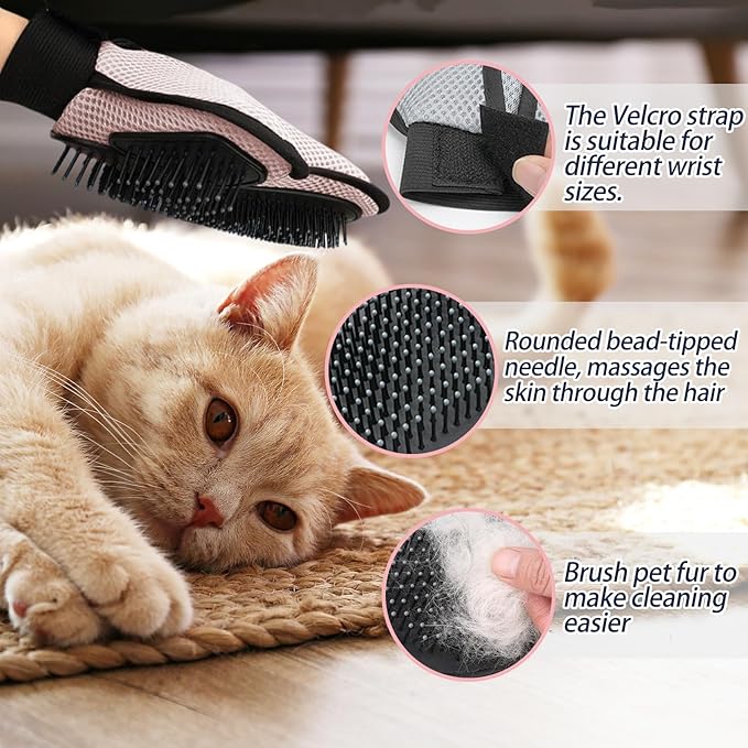 Pink Pet Hair Removal Glove Breathable Cat Slicker Brush Glove for Shedding Pet Grooming Mitt for Long&Short Haired Cats and Dogs Bath Massage
