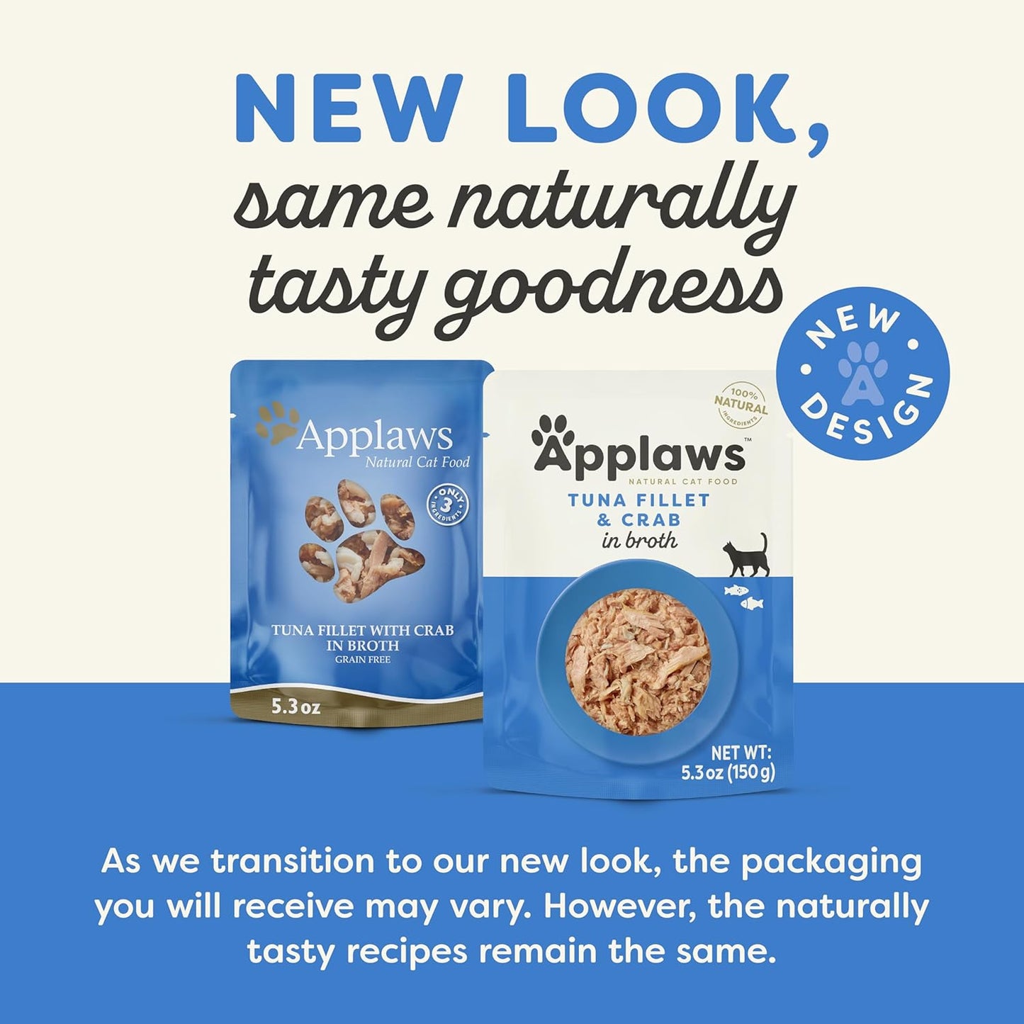 Applaws Natural Wet Cat Food in Broth, Limited Ingredient Wet Cat Food Pouches, No Additives, Made with Natural Ingredients, Tuna Fillet with Crab in Broth (12 x 5.3oz Pouches)