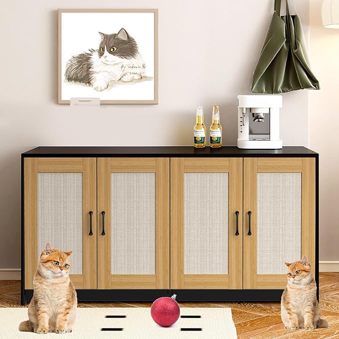 Double Room Litter Box Enclosure For 2 Cats, 47.2" Large Wood Hidden Litter Box Furniture For 2 Boxes with Sisal Doors and Sliding Drawers, Indoor Cat House TV Stand Black