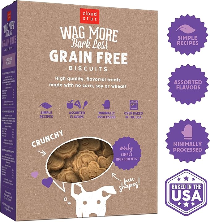 Cloud Star Wag More Bark Less - Dog Treats - Crunchy Biscuits - Grain Free Assorted Flavors - 14 oz Box